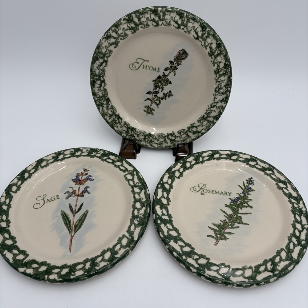 3 Vintage Roseville GERALD HENN Green Spongeware Stoneware Herb Plates